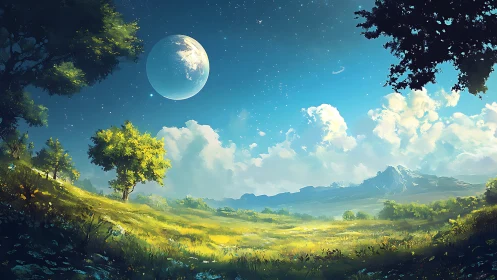 Luminous meadow under huge planet in bright blue sky.