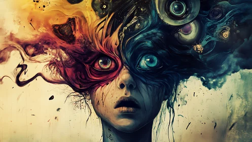 Surreal portrait of a mind bursting with vivid color and chaos.
