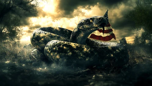 Coiled serpent rendered with glossy scale shaders under stormy backlight