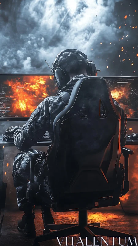 Cyber soldier gamer commands fiery battlefield from chair