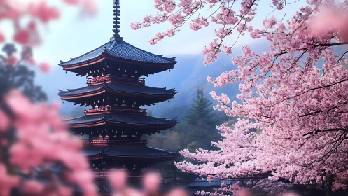 Tiered pagoda framed by dense cherry blossom bokeh field.