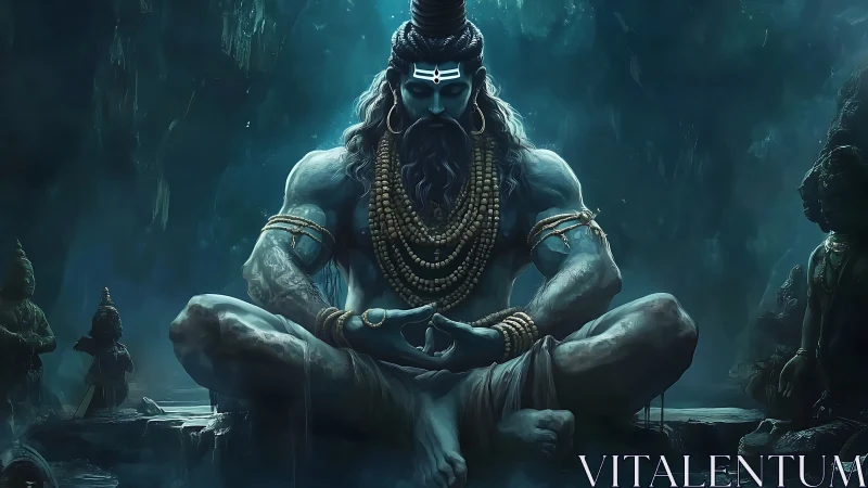 Monolithic ascetic deity in meditative pose rendered digitally