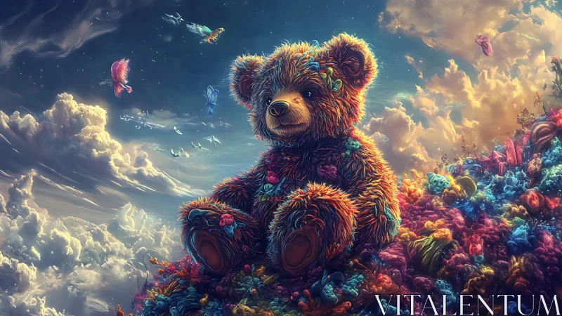 Textured teddy bear in dense multicolored cloud landscape.