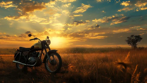 Vintage motorcycle at golden field sunset horizon glow.