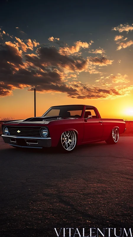 Sunset cruise with a low-slung classic Chevy pickup truck.