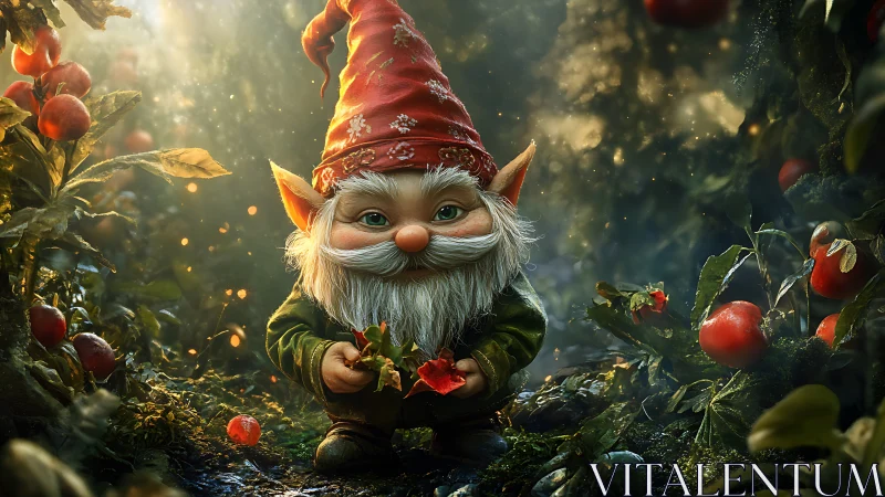 Garden gnome sage among glowlit apples and whispering leaves.