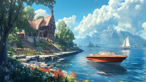 Lakeside villa and motorboat rendered in high-detail digital painting