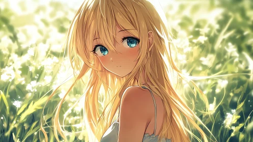 Blonde anime character stands in backlit grassy field