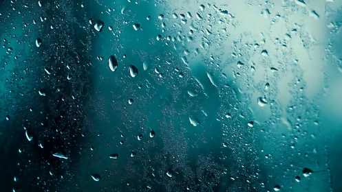 Rain-speckled glass surface glows in moody teal light