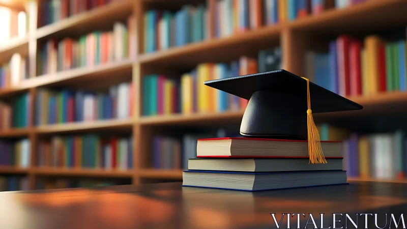 Graduation cap on stacked books in academic library setting.