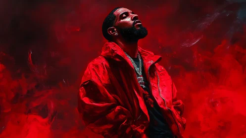 Male figure in red jacket stands against abstract red field