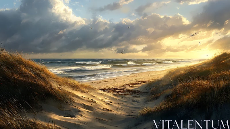 Dramatic sunset seascape framed by windswept sand dunes.