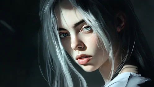 Silver-haired woman portrait under dramatic side light.