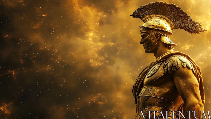 Bronze armored warrior profile against diffuse golden nebula.