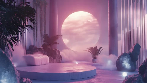 3D pastel lounge with circular plinth and glowing portal sun.