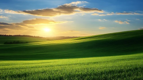 Sunlit agrarian hills display layered gradients and dynamic contours