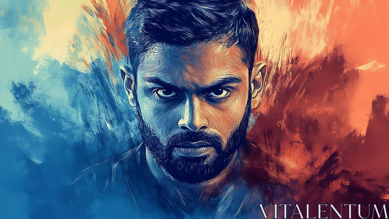 Intense male portrait splits across blue and orange energy