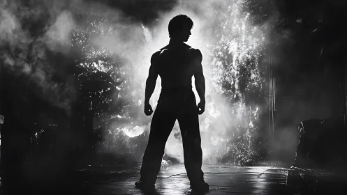 Silhouetted fighter confronts swirling smoke in stark alley