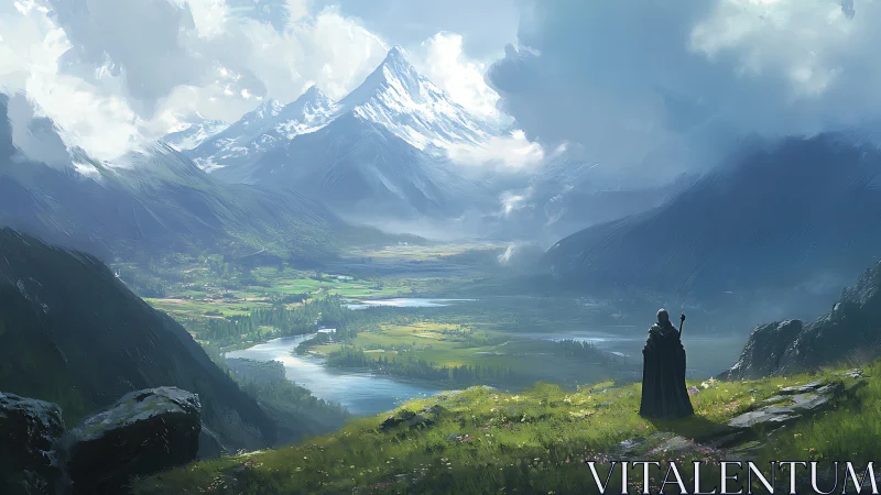 Solitary cloaked figure observing alpine valley panorama.