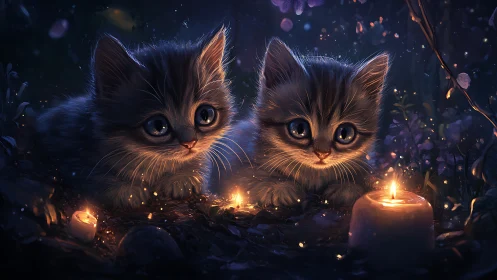 Two kittens positioned in nocturnal setting with candlelight illumination