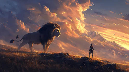 Lone boy confronts majestic lion under burning sunset sky