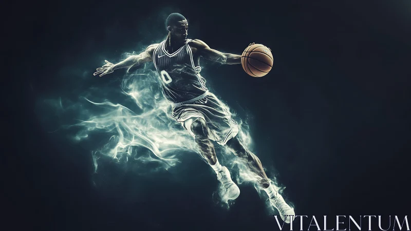 Explosive basketball dunk rendered in smoky digital energy.