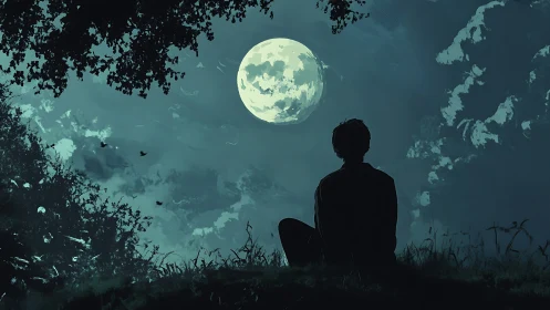 Solitary figure contemplates a luminous full moon in silence.