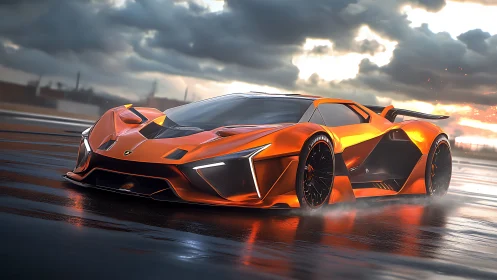 Stormlit hypercar ignites wet asphalt in molten-orange armor.