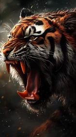 High-dynamic closeup of roaring tiger with hyperreal detail.