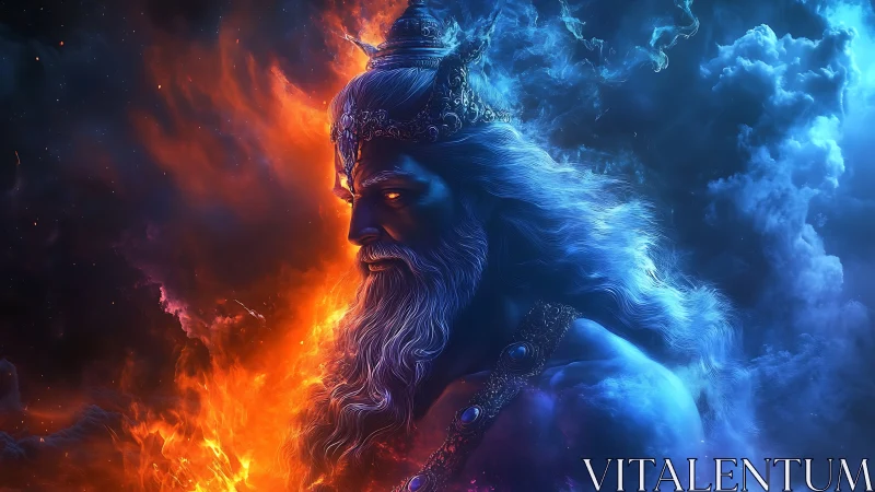 Mythic dual-element deity in profile amid fire and storm clouds