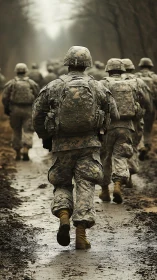 Soldiers march through muddy forest road in muted light.