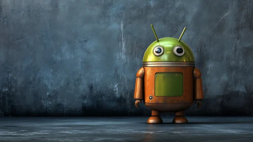 Industrial android mascot robot against textured concrete wall