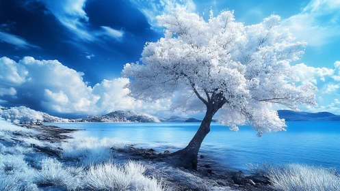 Winter-kissed lakeside tree leans softly toward serene blue water