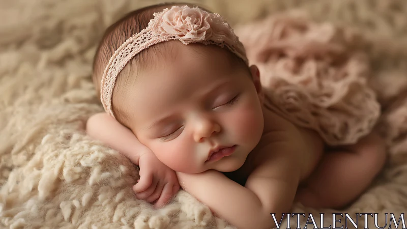 Newborn Infant in Peaceful Sleep with Lace Headband on Cream Textured Surface