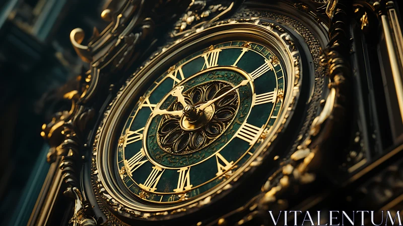Ornate baroque clock face rendered in dramatic shallow focus