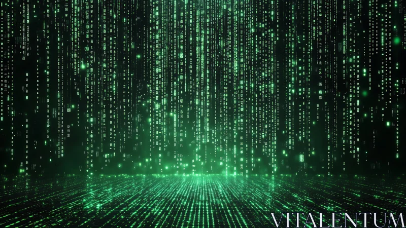 Digital green code rain over reflective virtual surface.