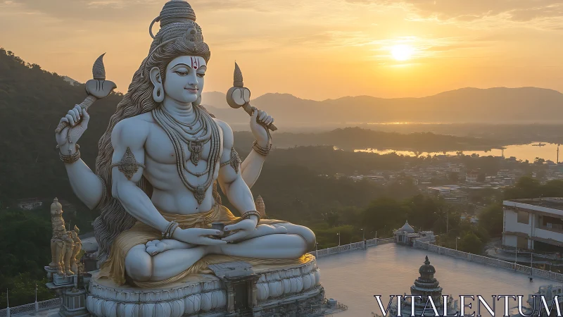 Large Shiva statue overlooking cityscape at golden sunset.