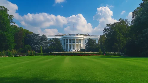White House south facade framed by expansive manicured lawn
