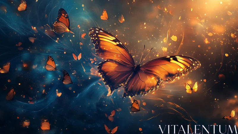 Radiant monarch butterfly ascends through glowing cosmic dust