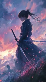 Female swordswoman in profile against diffuse sunset sky.
