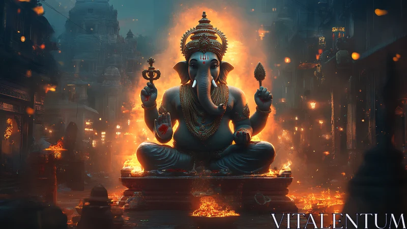 Divine Ganesha in blazing temple street illumination.