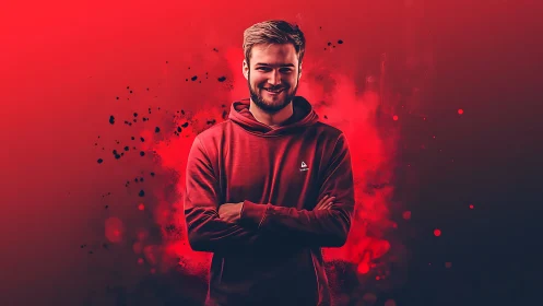 Smiling man in red hoodie amid bold splatter backdrop.