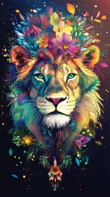 Vibrant digital lion portrait crowned with neon florals.