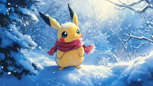 Pikachu in red scarf stands amid luminous snowy forest clearing