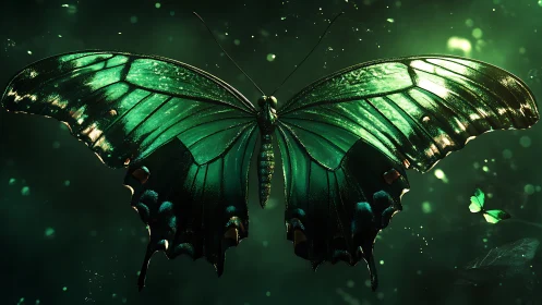 Emerald butterfly spreads luminous wings in dark forest glow.