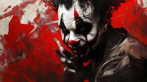 Sinister clown portrait in red and black digital paint.