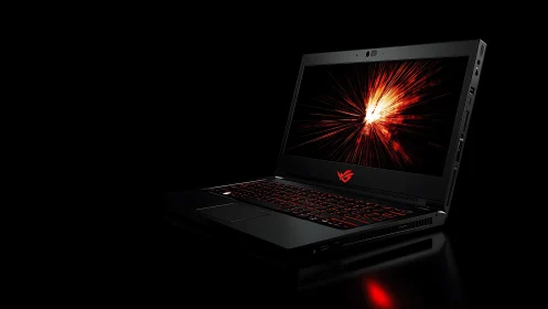 Black gaming laptop displays radial light burst on screen