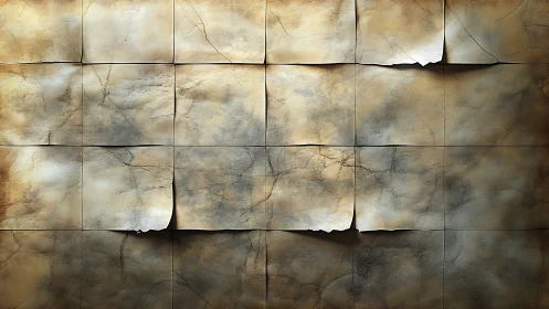 Old cracked paper sheets form weathered textured surface