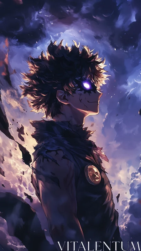 Stormlit void-eyed antihero rises through shattered twilight.