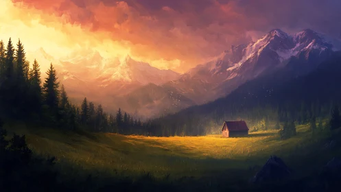 Solitary chalet in glowing alpine meadow at sunset.